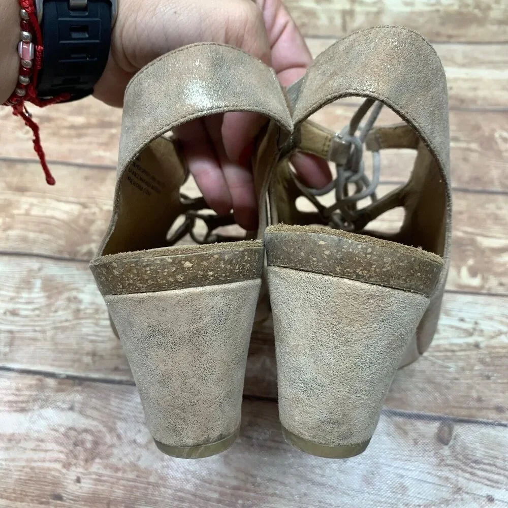 Sofft Women's Maize Sandals Tan Metallic Lace Up Open Toe Wedge Heels Leather 11